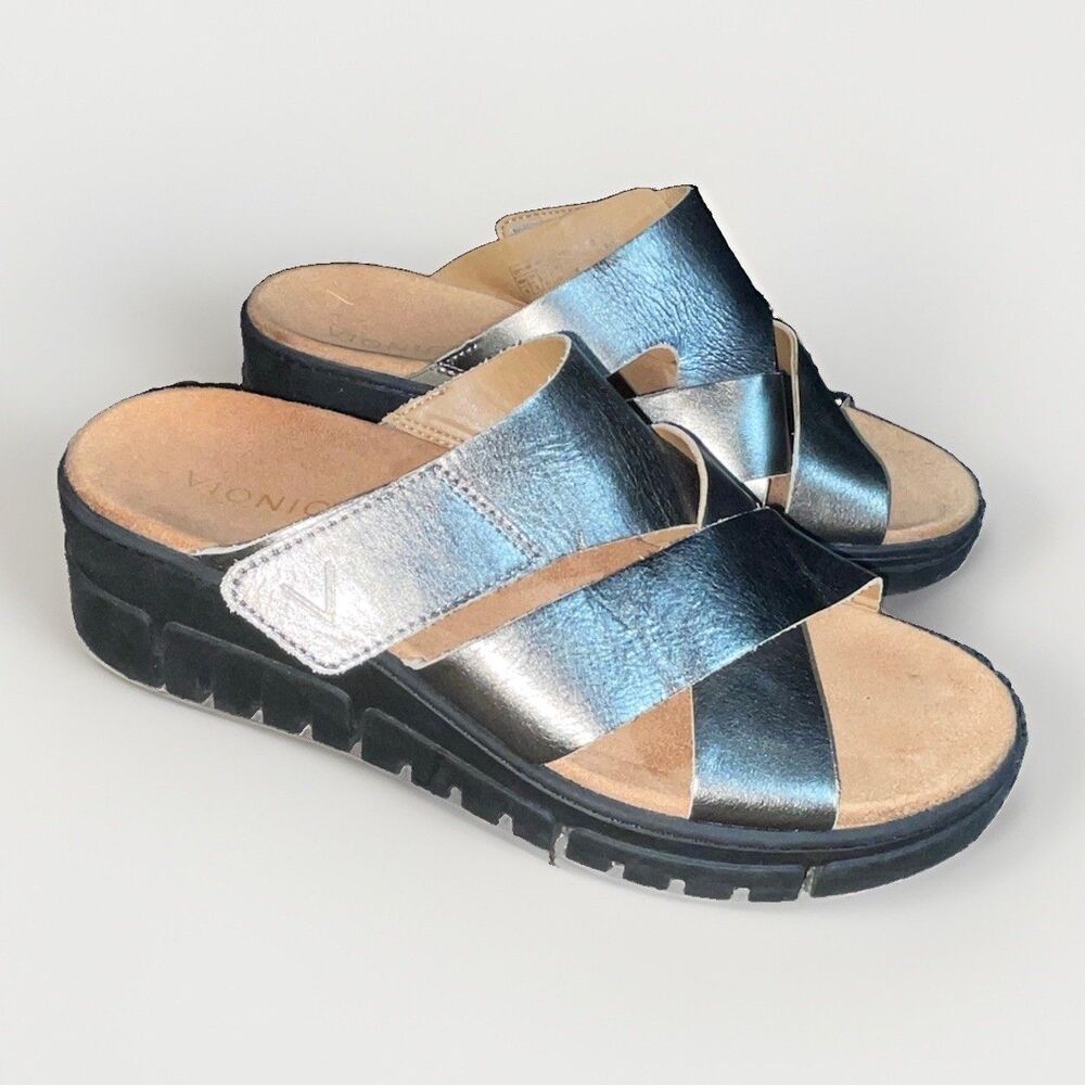 Vionic Uptown Sunset Gunmetal Metallic Leather Slide Sandals Womens 10 Wide